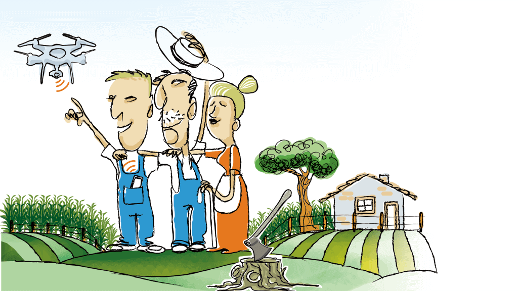 ilustração de sucessão familiar rural, família com pai, mãe e filho vendo um drone voar na fazenda