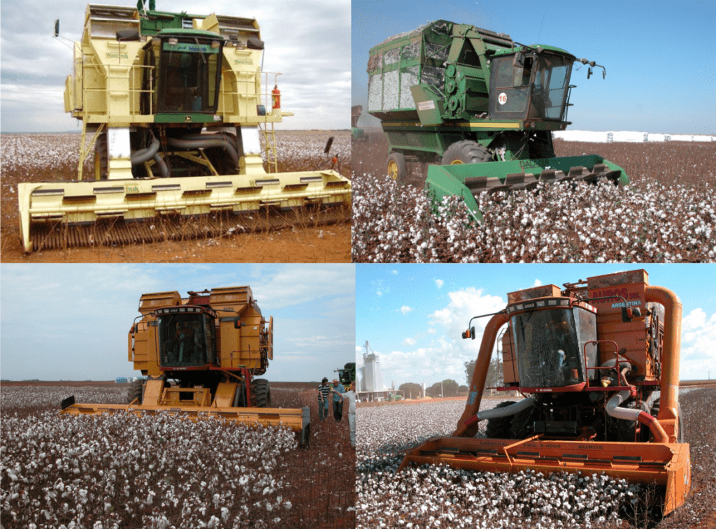 Foto de várias colhedoras de algodão, de diferentes modelos