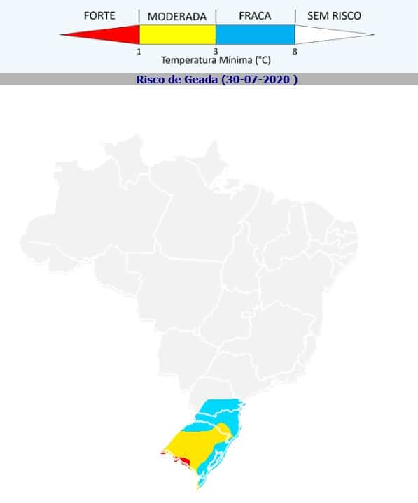 Ilustração com exemplo de mapa de risco de geada no Brasil
