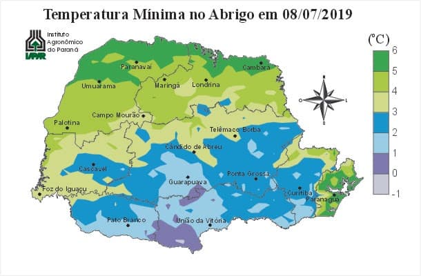 Mapa de geada no estado do Paraná, no exemplo temperatura mínima no abrigo em 08 de julho de 2019.