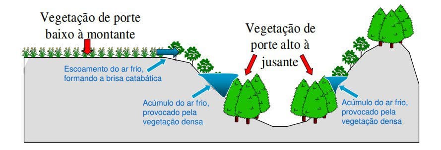 Ilustração sobre problema do acúmulo de ar frio de acordo com relevo e vegetação 