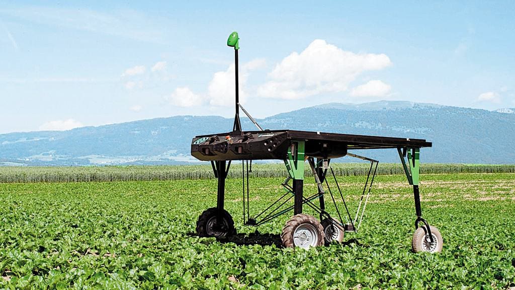 robô de precisão digital desenvolvido pela ecoRobotix que identifica plantas daninha e aplica o herbicida correspondente