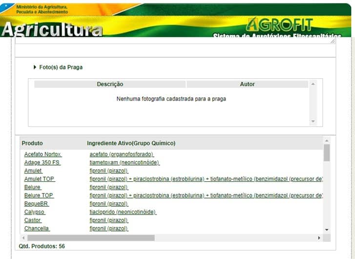 captura da tela da página da Agrofit mostrando os produtos registrados para controle químico do bicudo-da-soja