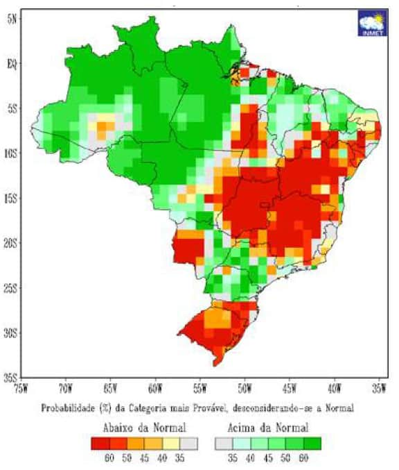 Probabilidade da precipitação manter-se acima (verde) ou abaixo (vermelho) do normal - milho safrinha 2021
