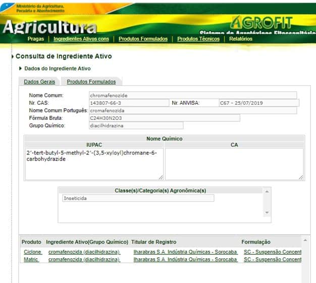 captura de tela Agrofit com Produtos registrados com cromafenozida