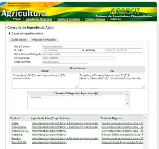 captura de tela da Agrofit com Produtos registrados com metoxifenozida
