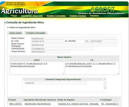 captura de tela Agrofit com Produto registrado com tebufenozida
