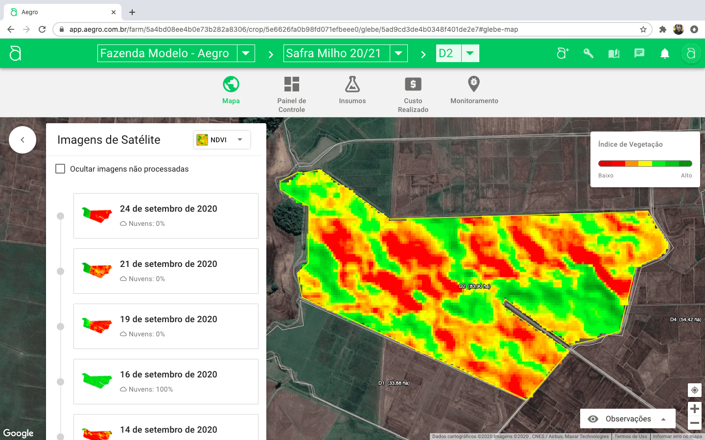 captura de tela do Aegro Imagens com mapas e imagens de satélite e vegetação
