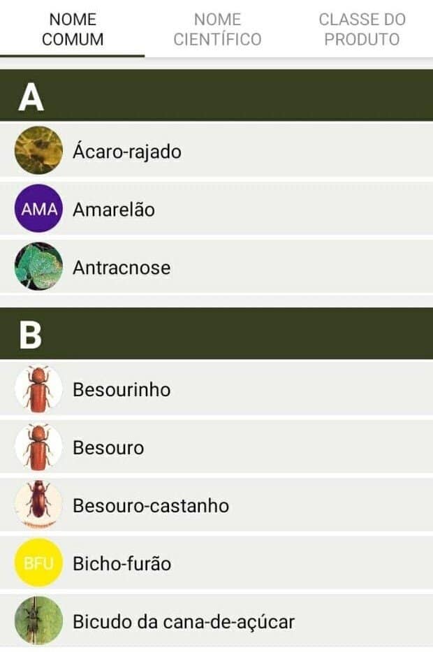 captura de tela do aplicativo Bioinsumos: consulta aos produtos biológicos registrados para o controle de pragas e doenças que podem ser utilizados em qualquer cultura