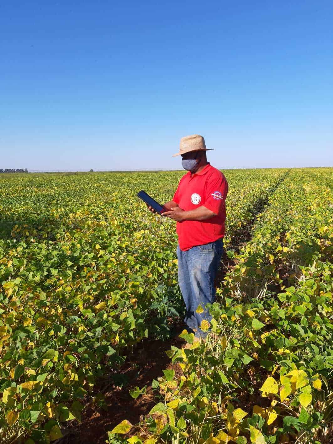 A imagem mostra funcionário da fazenda Shangri-lá no meio do campo, com um chapéu, máscara e com um tablet em mãos.