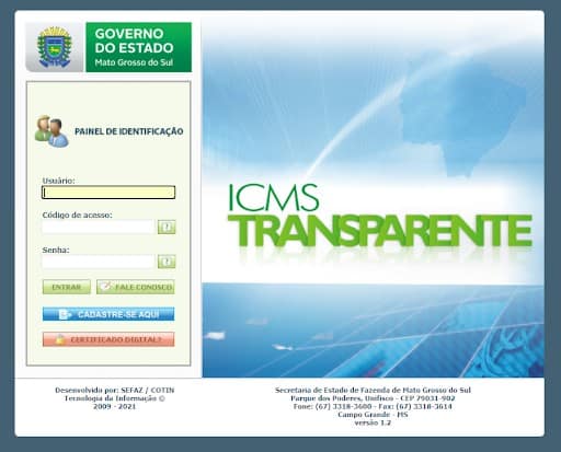 Tela de acesso ao ICMS Transparente. Na tela, aparece a opção de digitar usuário, código de acesso e senha.
