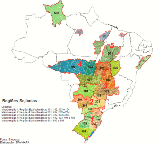 Desenho do mapa do Brasil, com destaques coloridos nas principais regiões sojicolas.