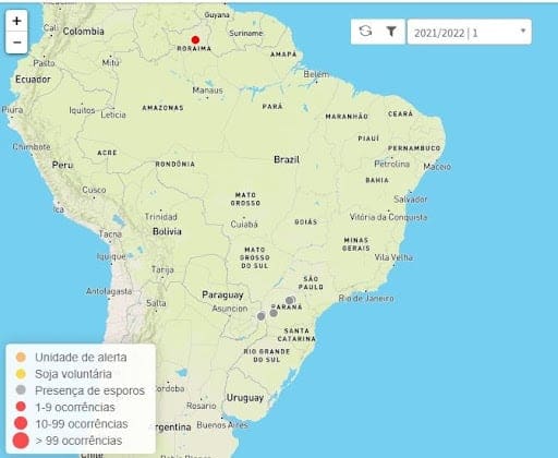 Mapa do Brasil com apontamentos de incidência de ferrugem em soja. Em roraima, a presença da doença é intensa