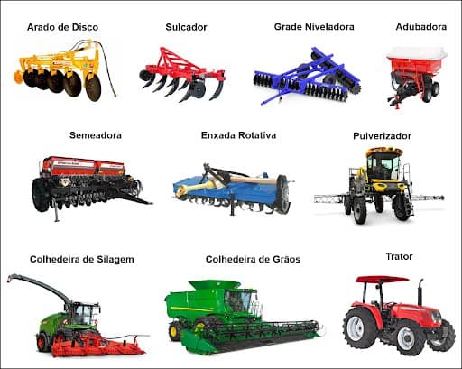 Manutenção de máquinas agrícolas. Foto de vários tipos diferentes de máquinas, como trator, colhedeira de grãos, enxada rotativa, etc.