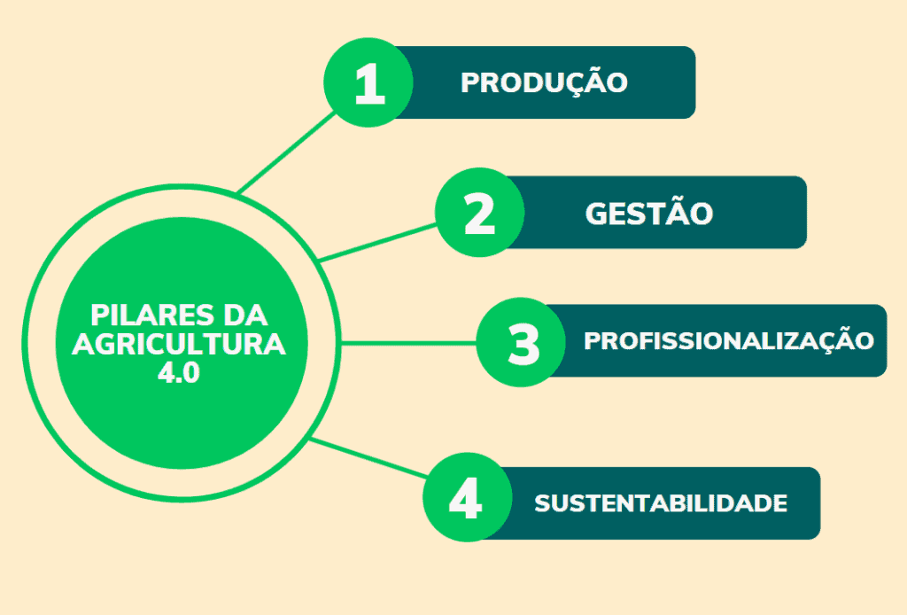 Esquema que mostra os 4 pilares da agricultura 4.0: produção, gestão, profissionalização e sustentabilidade
