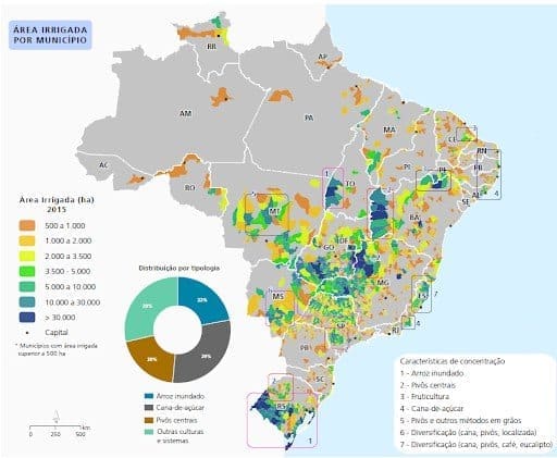 Esquema do território do Brasil e áreas de agricultura irrigada