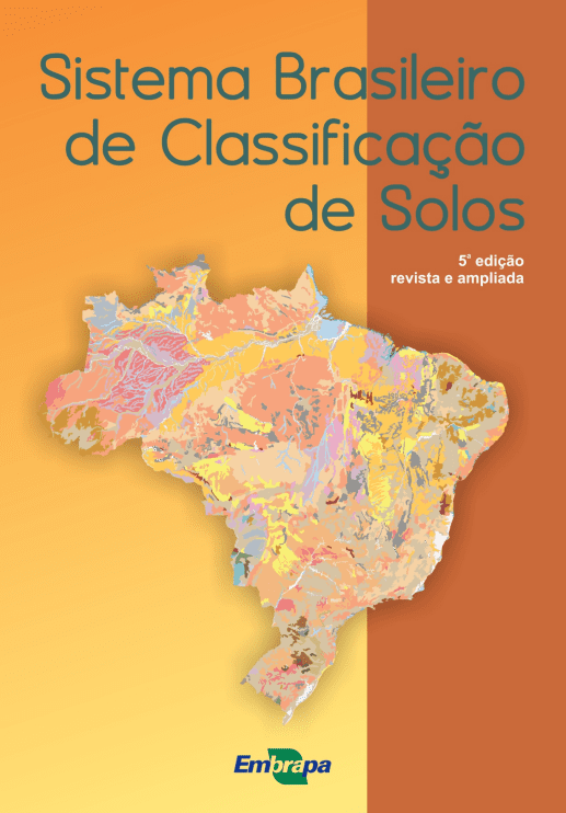 Foto da capa do e-book de classificação do solo. Na capa marrom e laranja, há o desenho do mapa do Brasil em cores diferentes.