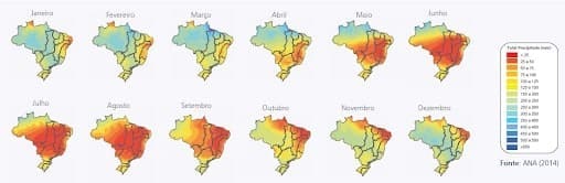 Imagens do território brasileiro e a média de chuvas em cada área