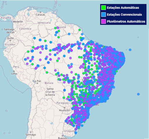 Mapa do Brasil com indicador de estação meteorológica por região