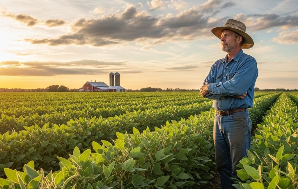 Produtor rural de chapéu em meio a sua lavoura de soja pensando sobre o Proagro