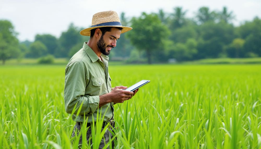 Produtor rural em lavoura verde usando tablet para emissão da Nota Fiscal Produtor Rural SP.
